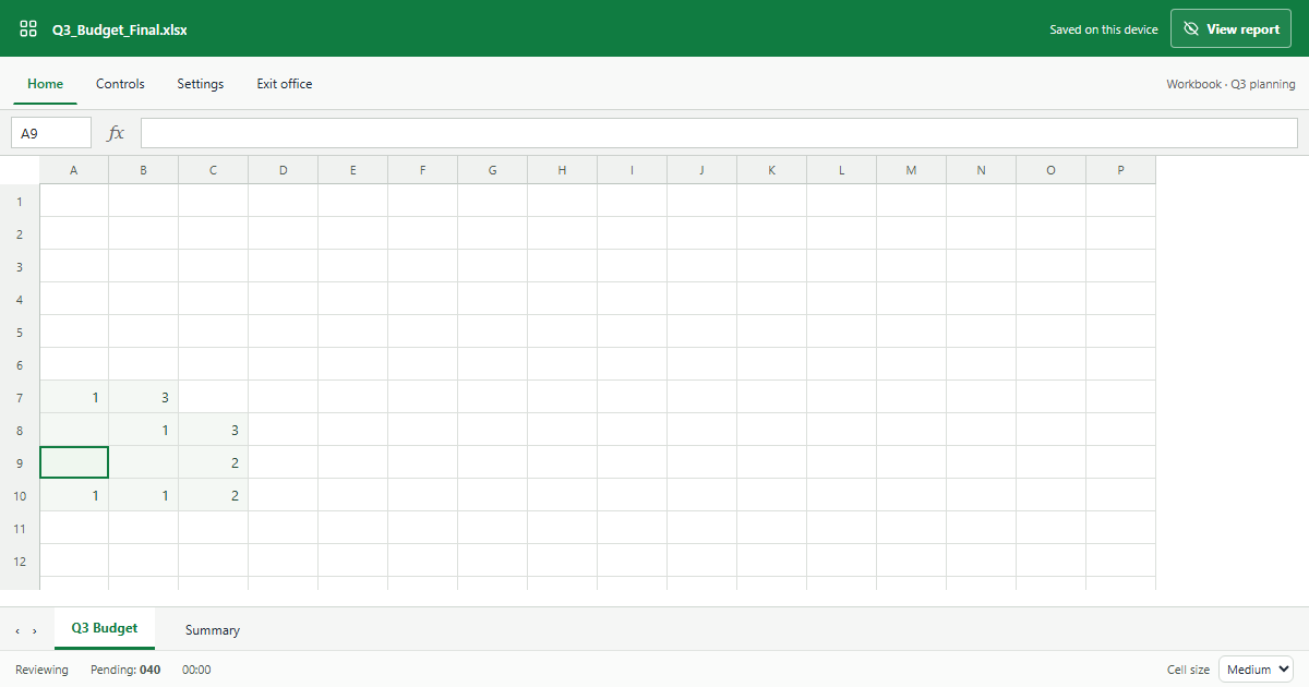 Minesweeper board disguised as a spreadsheet with column letters, row numbers, and a formula bar